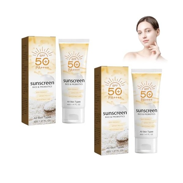 2 Pièces Crème Solaire A Lextrait de Riz, Solaire Bio SPF 50+, Crème Solaire Visage et Corps, Sunscreen, Protection Solaire 