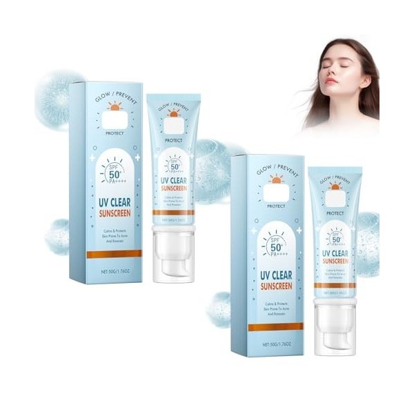 2 Pièces Crème Solaire Avec Acide Hyaluronique et Dioxyde de Titane, Solaire Bio SPF 50+, Sunscreen, Crème Solaire Visage et 