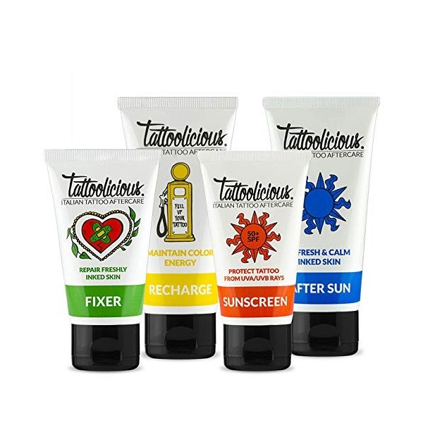 Tattoolicious COMPLETE COMBO - FIXER + RECHARGE + SUNSCREEN 50+ SPF + AFTER SUN- Le Soin, Lentretien et La Protection Solair
