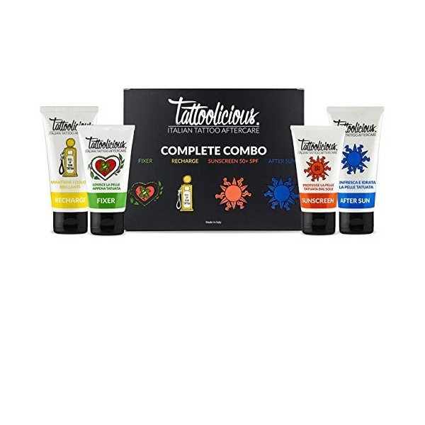 Tattoolicious COMPLETE COMBO - FIXER + RECHARGE + SUNSCREEN 50+ SPF + AFTER SUN- Le Soin, Lentretien et La Protection Solair