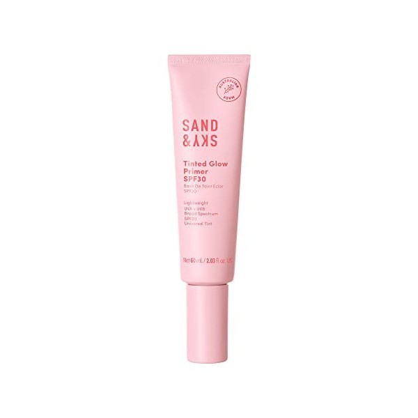 Ecran solaire Sand & Sky Tinted Glow Primer SPF 30, fabriqué en Australie, avec protection solaire à large spectre et teinte 