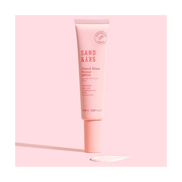 Ecran solaire Sand & Sky Tinted Glow Primer SPF 30, fabriqué en Australie, avec protection solaire à large spectre et teinte 