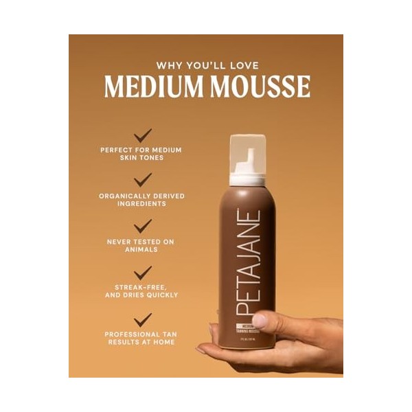 Peta Jane Medium Tanning Mousse | Sunless Self-Tanner, Lightweight, Organic, Natural, Streak-Free Finish | Not Sticky | 7oz