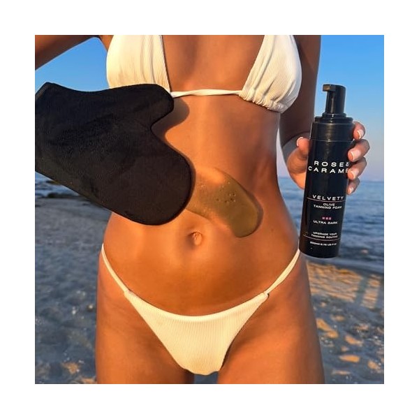 Mousse autobronzante veloutée Rose & Caramel Dark - Ultra Dark Olive 200 ml Sans tons orangés. Faux bronzage extra foncé fon
