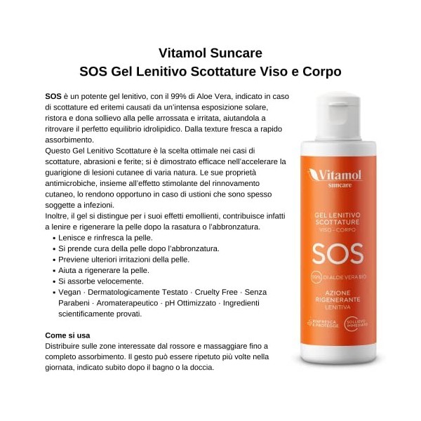 Vitamol SOS Gel apaisant visage et corps Régénérant Apaisant Rafraîchissant Hydratant Action émolliente contre les rougeurs, 