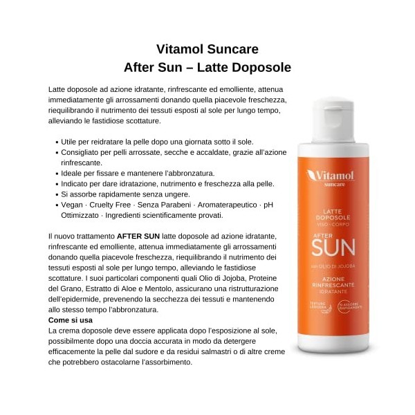 Vitamol After Sun Lait après-soleil visage et corps Action rafraîchissante Emollient hydratant contre les rougeurs et coups d