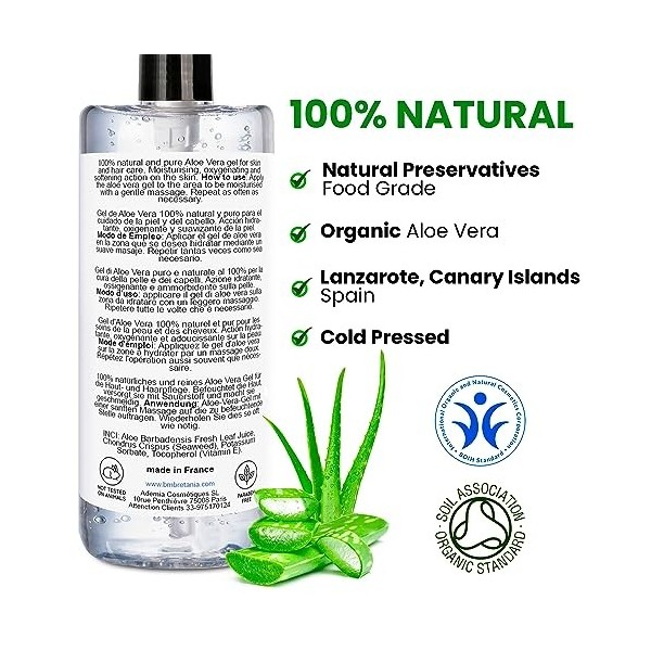 Gel dAloe Vera 100% Naturel, Raffermissant Corps, Anti Rides Visage, Hydratant Peau et Cheveux, Apaisant et Réparateur Cheve