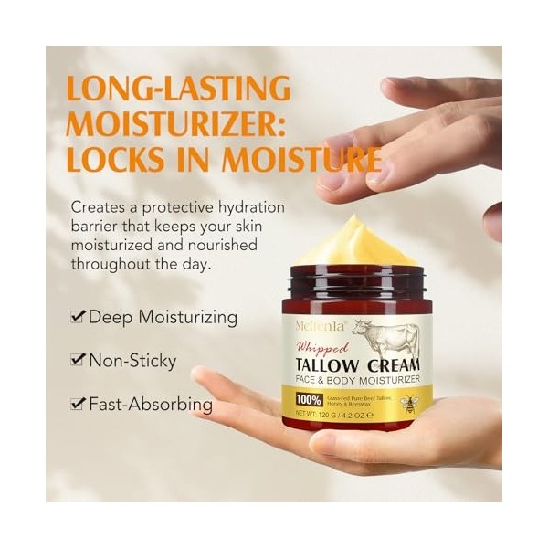 Beef Tallow for Skin 120g - Whipped Beef Tallow Skin Care - Tallow Face Cream,Nourrit en profondeur le visage et le corps