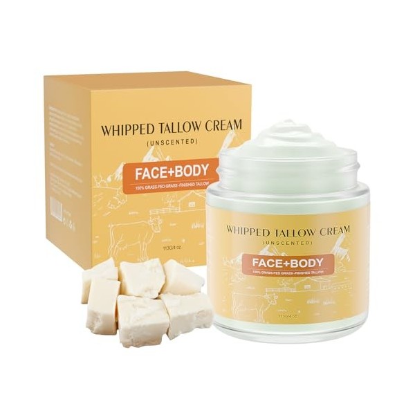 Beef Tallow for Skin, 4 oz Whipped Tallow Cream for Sensitive Skin, Tallow Face Moisturizer for Repairing Damaged Dry Skin, N