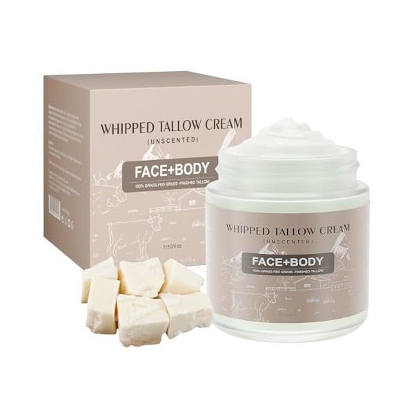 Beef Tallow for Skin, 4 oz Whipped Tallow Cream for Sensitive Skin, Tallow Face Moisturizer for Repairing Damaged Dry Skin, N