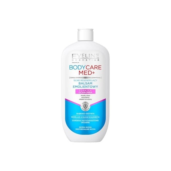 Eveline Cosmetics BodyCare Med+ Baume Émollient Régénérant Intensif pour Peau Très Sèche et Sensible avec Huile de Chanvre & 