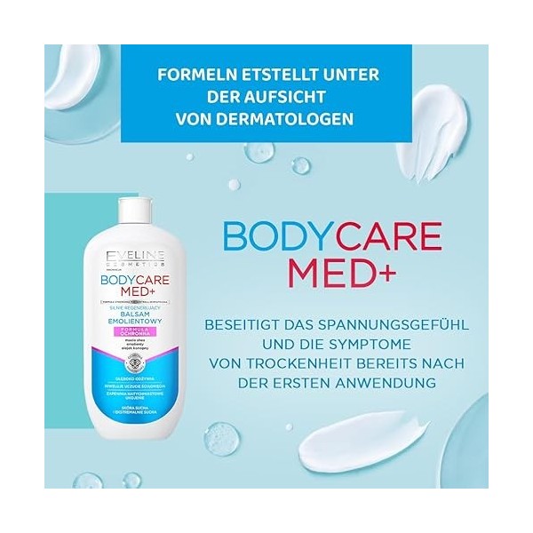 Eveline Cosmetics BodyCare Med+ Baume Émollient Régénérant Intensif pour Peau Très Sèche et Sensible avec Huile de Chanvre & 