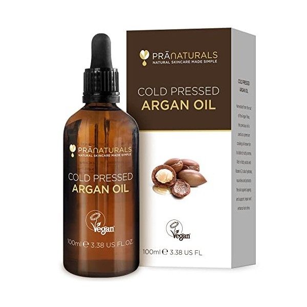 PraNaturals Huile dArgan Naturelle Marocain 100% Pure pour le Visage et le Corps - Riche en Vitamine E pour une Peau, des Ch