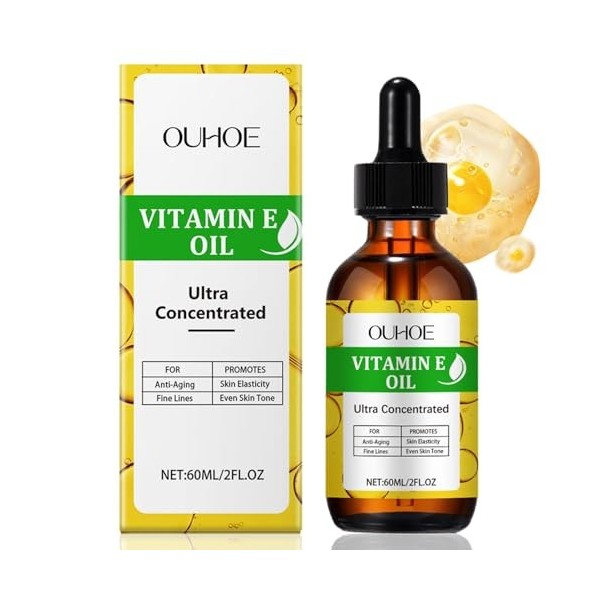 Huile de Vitamine E Végan 100% naturelle, Soin Anti Age Visage - Vegan - Anti-rides, anti-âge, cicatrices et vergetures, Huil