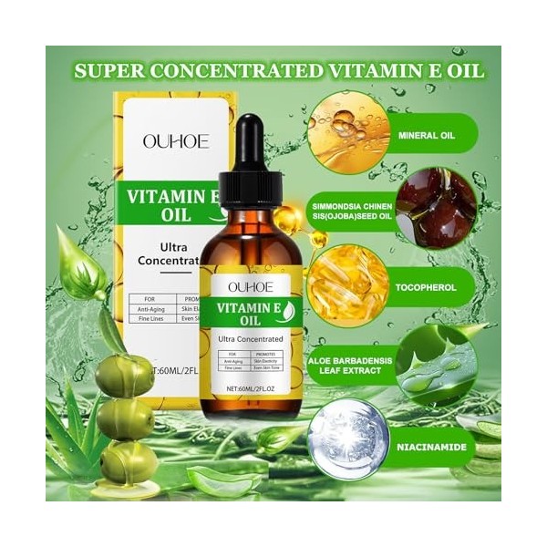 Huile de Vitamine E Végan 100% naturelle, Soin Anti Age Visage - Vegan - Anti-rides, anti-âge, cicatrices et vergetures, Huil