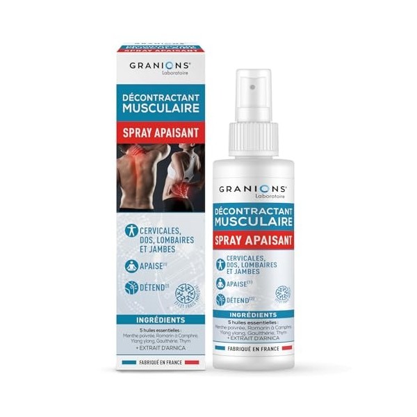 DECONTRACTANT MUSCULAIRE SPRAY APAISANT avant après effort - Aide à apaiser détendre zones sensibles, Arnica Menthol 5 huiles