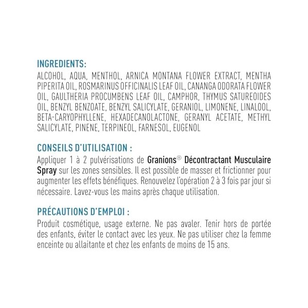 DECONTRACTANT MUSCULAIRE SPRAY APAISANT avant après effort - Aide à apaiser détendre zones sensibles, Arnica Menthol 5 huiles