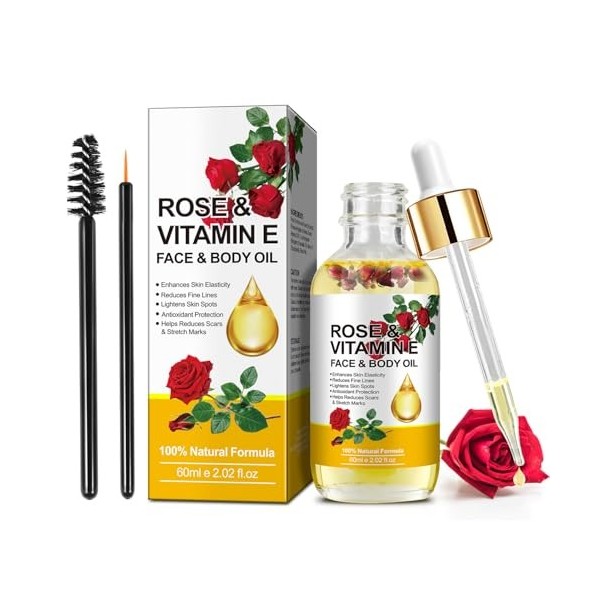 Huile de Vitamine E 60ML, 100% Naturelle Vitamine E Huile de Rose, Soins Hydratants et Anti-âge, Peau, Réduit les Ridules et 