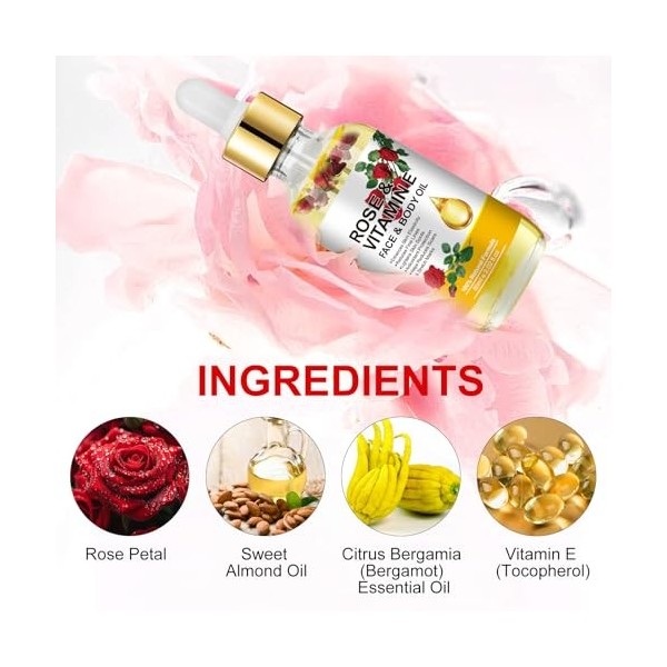 Huile de Vitamine E 60ML, 100% Naturelle Vitamine E Huile de Rose, Soins Hydratants et Anti-âge, Peau, Réduit les Ridules et 