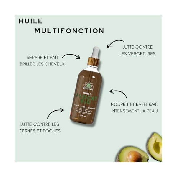 ESSENTIOIL Huile Avocat Bio - 100% Pure, Naturelle - Prévient la chutte de cheveux, Fortifie les cheveux - Lutte contre les v