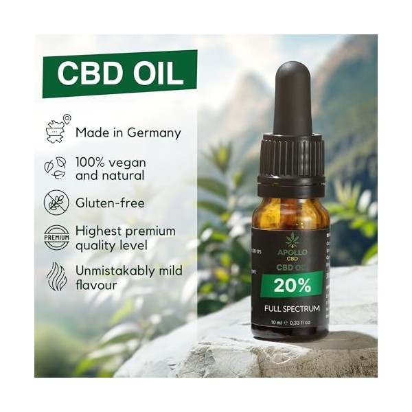 APOLLOCBD - Huile de CBD 20% PREMIUM - Pressée à Froid - Fabriqué en Allemagne | cdb Hemp Oil | Oméga 3-6-9 - Huile CBD certi
