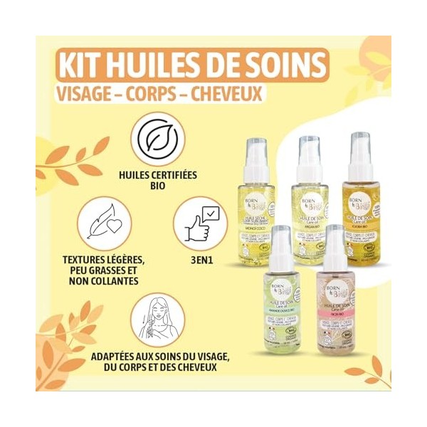 BORN TO BIO Coffret Cadeau Huile Argan + Ricin + Jojoba + Amande + Monoi - Huiles de Soins Multi Usages Corps et Cheveux - Co