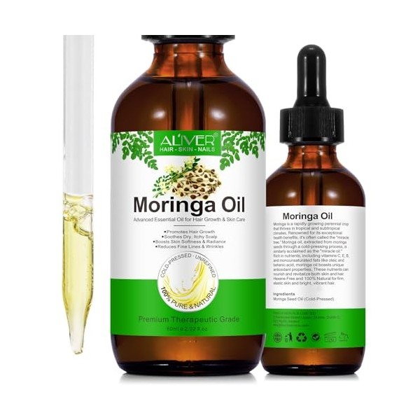 Huile De Moringa Pour La Croissance De La Peau Et Des Cheveux - 2,02 Oz Huile De Moringa 100% Pure Et Naturelle - Peau Sèche,