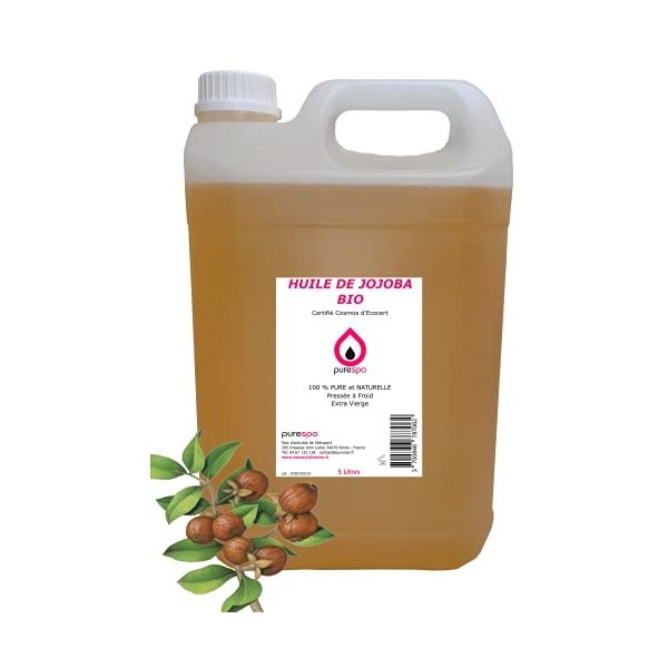Purespa | HUILE DE JOJOBA BIO | 5 Litres | 100% Pure | Naturelle | Pressée à froid | Extra Vierge | Certifié Cosmos d’Ecocert