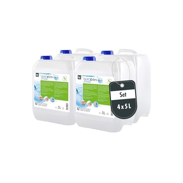 Höfer Chemie Glycérine végétalienne 99,5% 4 x 5 L - Glycérine de qualité alimentaire - Polyvalente - Pour la fabrication de s