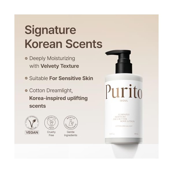 PURITO Luminous Moisture Shea Butter Body Lotion Cotton Dreamlight, Shea Butter, Gentle on Skin, Moisturizing, Dry Skin, Pump