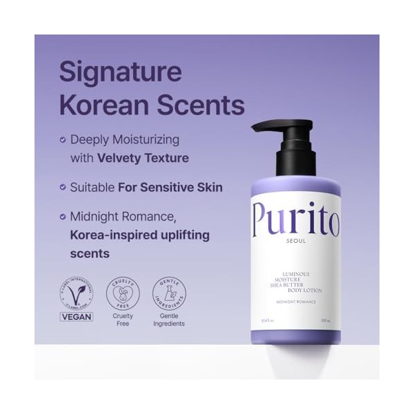 PURITO Luminous Moisture Shea Butter Body Lotion, Shea Butter, Gentle on Skin, Moisturizing, Dry Skin, Pump Bottle, K-Beauty,