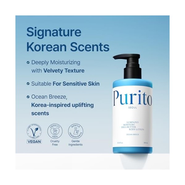 PURITO Luminous Moisture Shea Butter Body Lotion, Shea Butter, Gentle on Skin, Moisturizing, Dry Skin, Pump Bottle, K-Beauty,