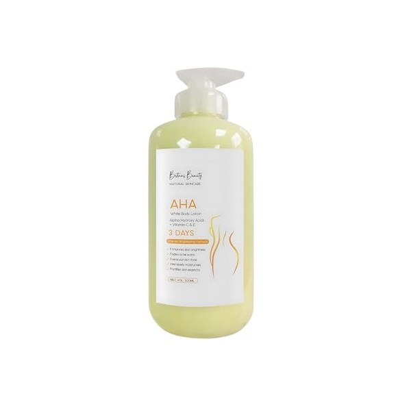Britains Beauty AHA Lotion corporelle blanche aux acides alpha-hydroxy, vitamine C et E, formule éclaircissante intense pour 