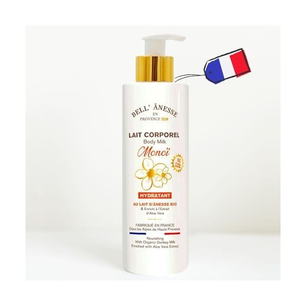 Lait corps hydratant Monoi au Lait Frais dÂnesse Bio + Aloe Vera. Fabrication Française. Tous types de peau. Flacon pompe 25