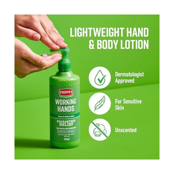 OKeeffes Working Hands Lotion pour les mains et le corps, 315 ml – Convient aux peaux sensibles | Hydrate, restaure et soul