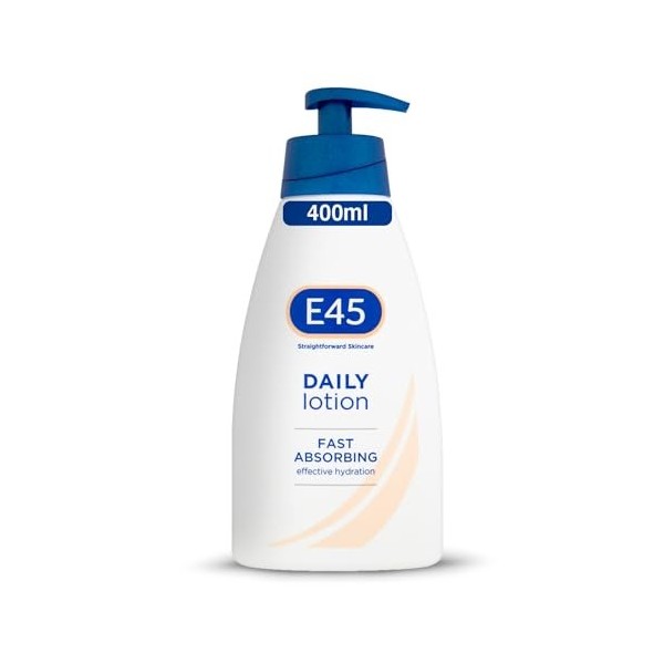 E45 Lotion Quotidienne 400ml - Lotion pour Peau Sèche - Apaise la Sécheresse et Adoucit la Peau Rugueuse - Hydratant NonGras 