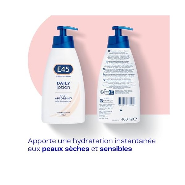 E45 Lotion Quotidienne 400ml - Lotion pour Peau Sèche - Apaise la Sécheresse et Adoucit la Peau Rugueuse - Hydratant NonGras 