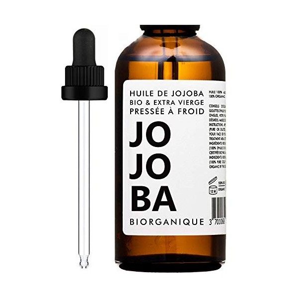Huile de Jojoba 100% Bio, Pure, Naturelle et Pressée à froid - 50 ml - Soin pour Cheveux, Corps, Peau