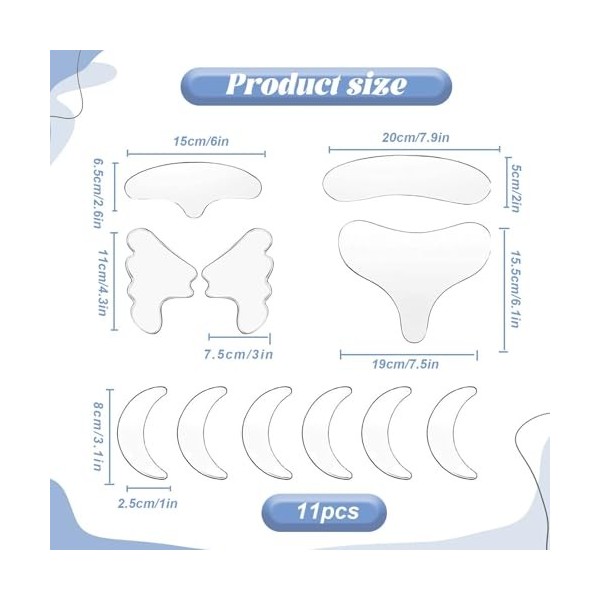 Lot de 11 patchs anti-rides en silicone réutilisables pour le visage, le front, le cou, la poitrine et le lissage des rides