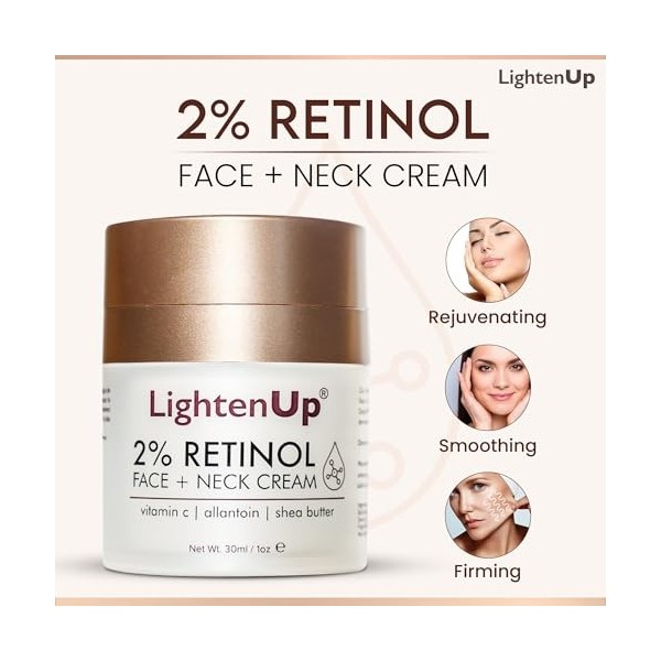 LightenUp Anti Aging 2% Retinol Face & Neck Cream - 1 Fl oz / 30 ml - With Vitamin C, Allantoin & Shea Butter
