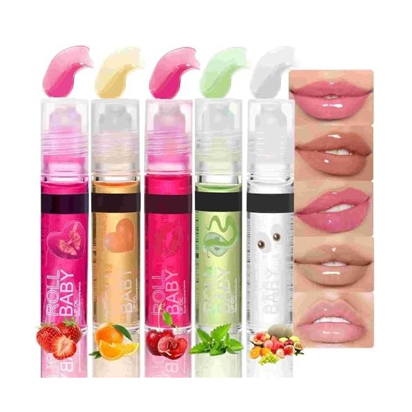 Lot de 5 Huiles à Lèvres Hydratantes Aux Saveurs Fruitées, Brillant à Lèvres à Rouler, Rouge à Lèvres De Fruits, Brillant à L
