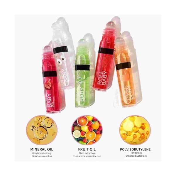 Lot de 5 Huiles à Lèvres Hydratantes Aux Saveurs Fruitées, Brillant à Lèvres à Rouler, Rouge à Lèvres De Fruits, Brillant à L