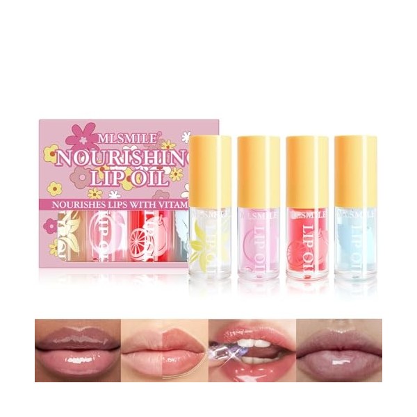 Baorder 4 Pcs Ensemble d’huile à lèvres,Ensemble d’huile à lèvres hydratante aromatisée aux fruits,Brillant à lèvres transpar
