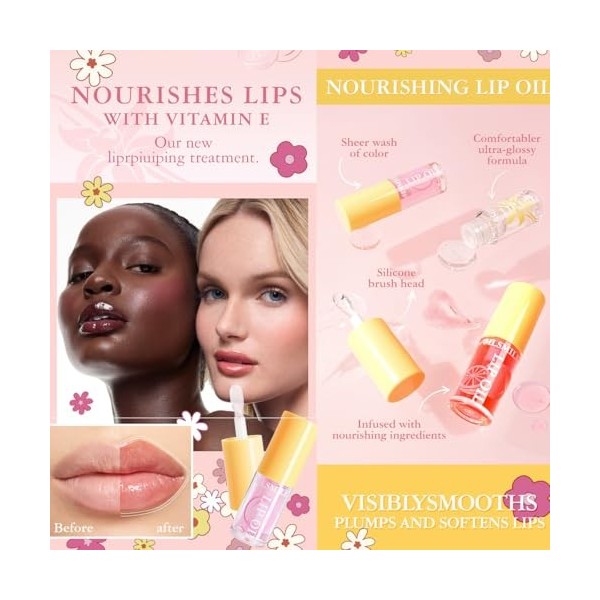 Baorder 4 Pcs Ensemble d’huile à lèvres,Ensemble d’huile à lèvres hydratante aromatisée aux fruits,Brillant à lèvres transpar