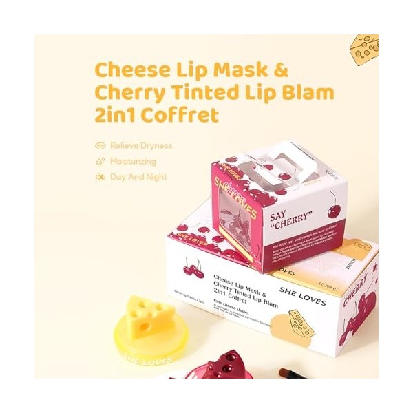 CHSEEO 4 Pièces Coffret Cadeau de Soins des Lèvres, 2 Baumes à Lèvres au Fromage et Cerise et 2 Gommages pour Les Lèvres, Cof