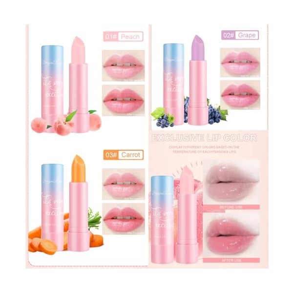 Baorder 3Pcs Crystal Jelly Lip Balm Set, Colour Changing Lipstick Long Lasting Moisturising Nourishing Tinted Lip Gloss, Magi