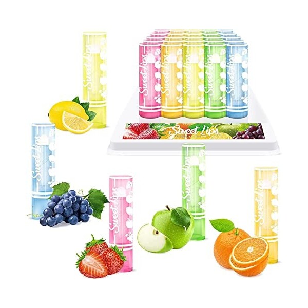 Lot de Baumes à Lèvres Transparents Sweet Lips par Beauty4Britain, 5 Saveurs Fruitées, Soin Longue Durée des Lèvres, Vente en