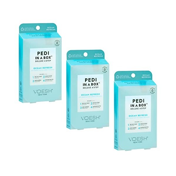 Voesh Pedi in a Box Deluxe 4 étapes – Ocean Refresh Scent, Lot de 3 kits de pédicure, pédicure à la maison, trempage des pied