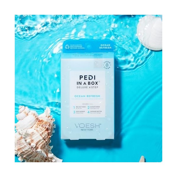 Voesh Pedi in a Box Deluxe 4 étapes – Ocean Refresh Scent, Lot de 3 kits de pédicure, pédicure à la maison, trempage des pied