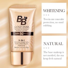 Crème BB de jour, Gold Snail Sunscreen BB Cream, Foundation Concealer, Moisturizing Isolator, Hydratation 24 heures et couleu